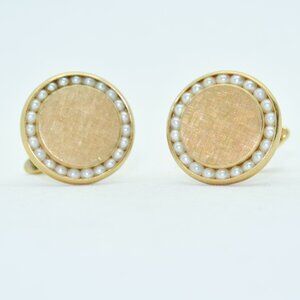 Lucien Piccard 14K Brushed Gold round cufflinks with small pearl trim